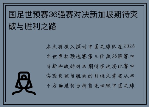 国足世预赛36强赛对决新加坡期待突破与胜利之路