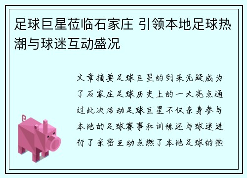 足球巨星莅临石家庄 引领本地足球热潮与球迷互动盛况